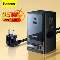 Bộ Sạc Nhanh Tích Hợp Dây Nguồn Nối Dài Baseus Power Combo Digital PowerStrip 65W (3AC + 1USB + 1Type C + Retractable Type C)