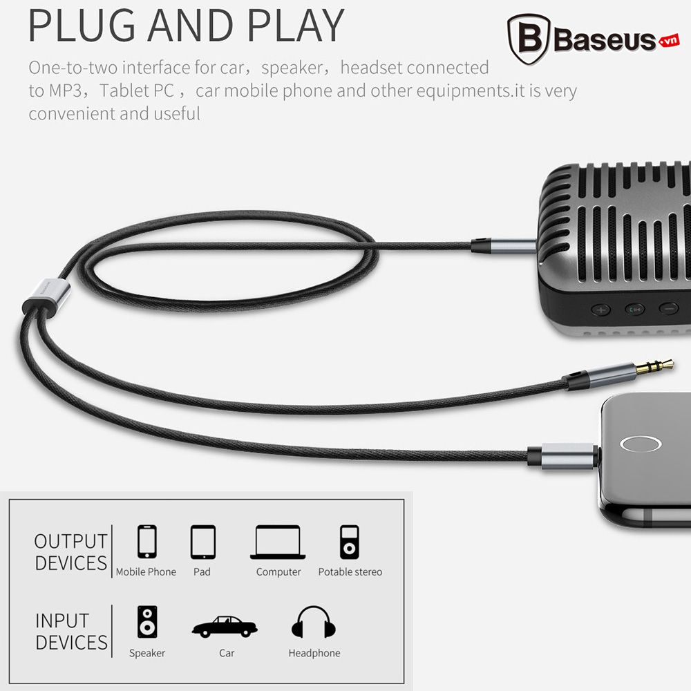 Cáp chuyển âm thanh chất lượng cao Baseus L33 cho iPhone 6/ 7/ 8/ iPhone X (Aux Audio 3.5mm sang Aux Audio 3.5mm + Lightning / 120cm)