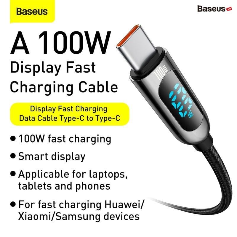 Cáp sạc nhanh C to C 100W Baseus Display Fast Charging Data Cable (100W, 20V/5A, 480Mbps, LED indicator, E-marker chip, QC/PD Quick charge cable)