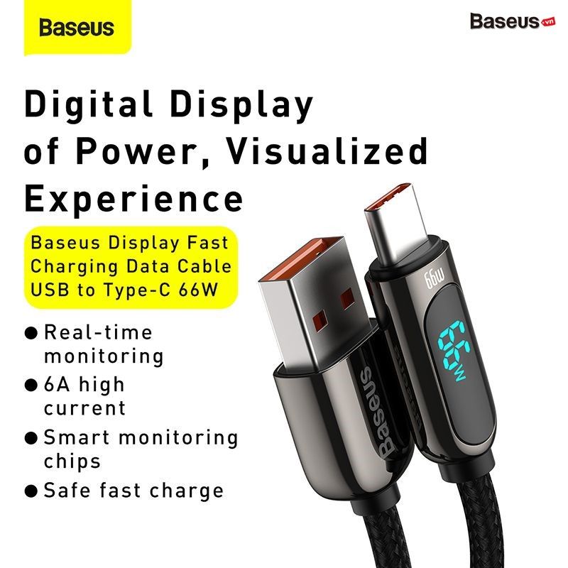 Cáp Sạc Nhanh Baseus Display Fast Charging Data Cable USB to Type-C 66W
