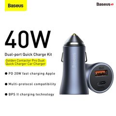 Bộ tẩu sạc nhanh, công suất 40W dùng cho xe hơi Baseus Golden Contactor Pro (40W, Dual USB/ U+C Port, Aluminium, PD20W/QC3.0 Car Quick Charger)