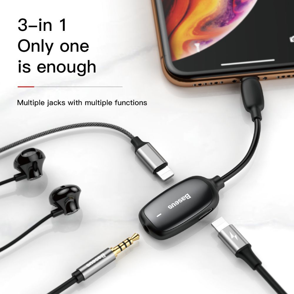 Bộ chuyển cổng Lightning sang Audio AUX 3.5mm + Dual Lightning Baseus L51 cho iPhone/iPad (Vừa sạc pin vừa nghe nhạc, có hỗ trợ Micro/Đàm thoại)