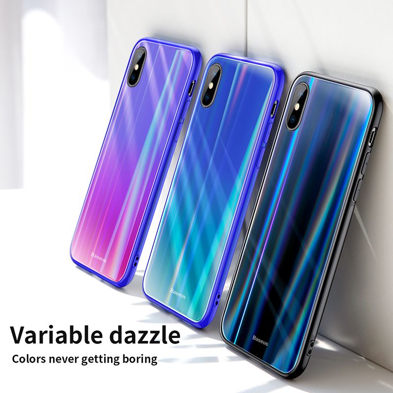 Ốp lưng trong suốt đổi màu Baseus Laser Luster Glass Case cho iPhone X ( Soft Silicone Edge , Tempered Glass Back Cover)