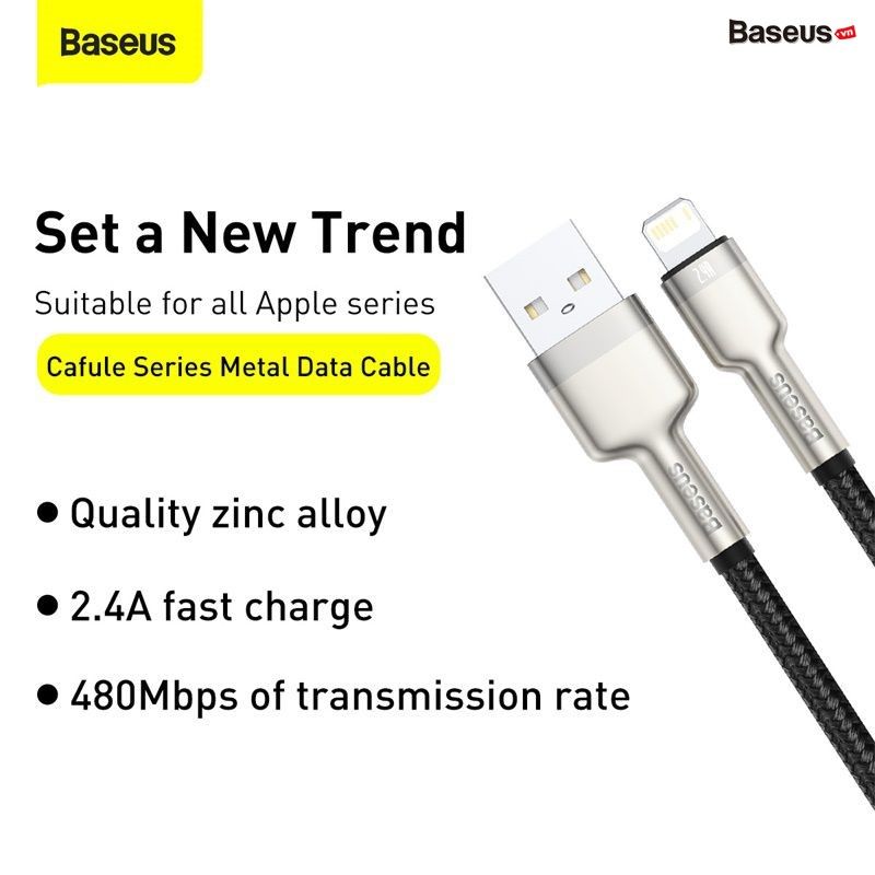 Cáp sạc nhanh, siêu bền Baseus Cafule Metal Series Lightning dùng cho iPhone/iPad (2.4A, USB A to Lightning Fast charge Cable)