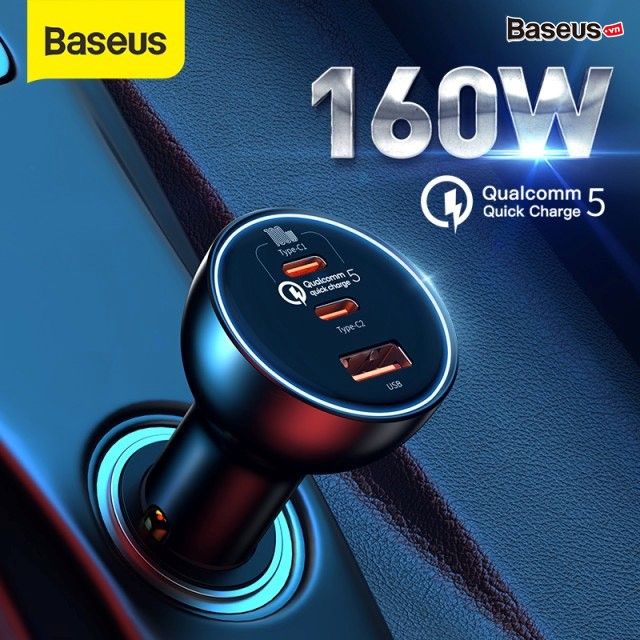 Tẩu Sạc Nhanh Công Suất Cao Baseus Multi Port Car Fast Charger 160W (USB + Dual Type C Port, Tặng Kèm Cáp C to C 100W, Quick Charge™ 5.0)