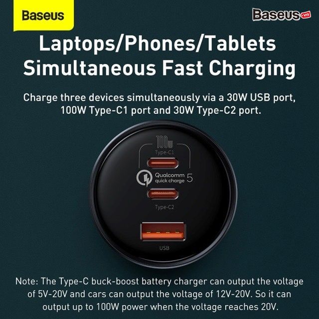 Tẩu Sạc Nhanh Công Suất Cao Baseus Multi Port Car Fast Charger 160W (USB + Dual Type C Port, Tặng Kèm Cáp C to C 100W, Quick Charge™ 5.0)