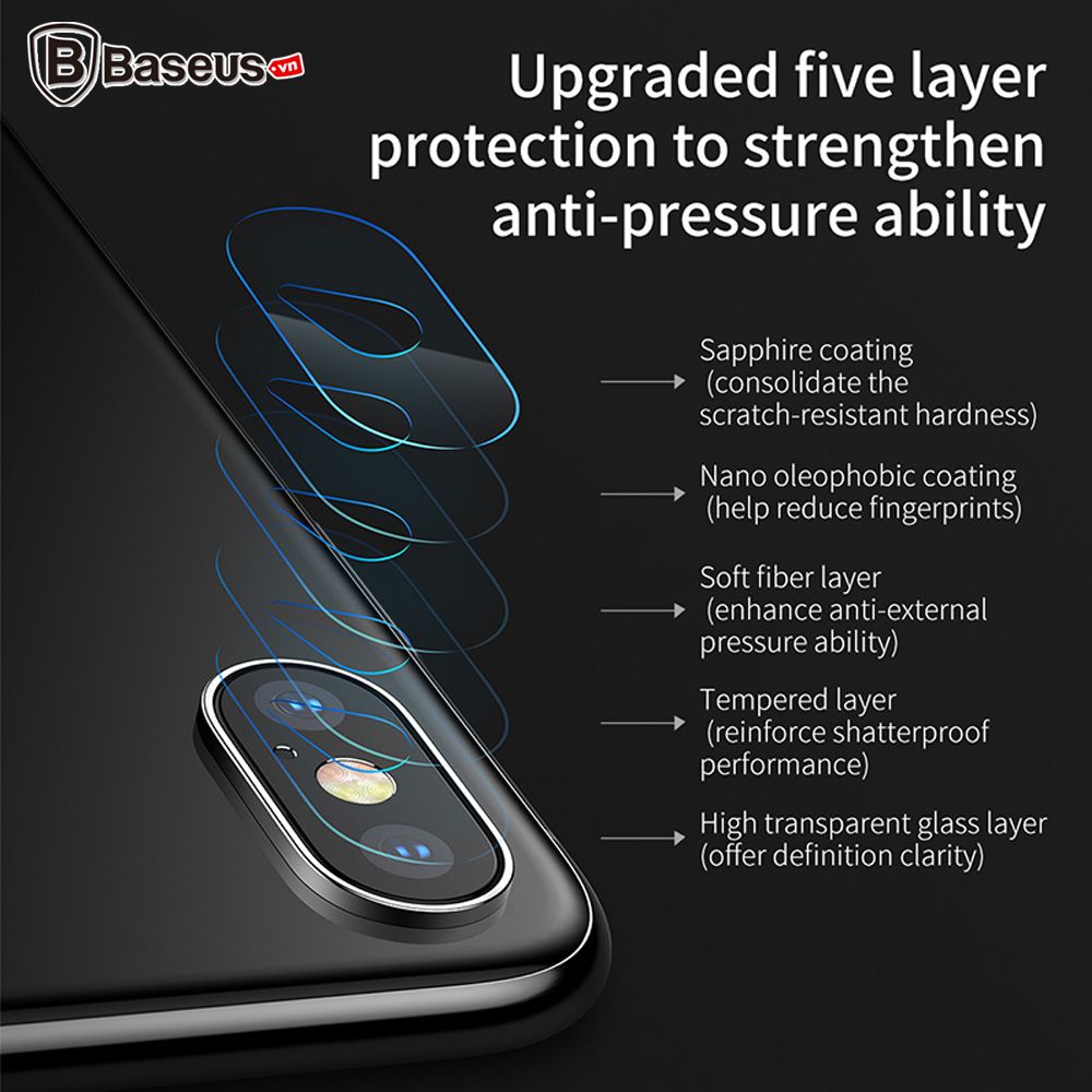 Kính cường lực 5 lớp chống trầy Camera Baseus Sapphire LV223 cho iPhone X (0.15 mm, 5D, Scratch Proof Camera Lens Protector)