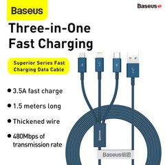 Cáp sạc 3 đầu Baseus Superior Series 3 in 1 (USB to Type C+ Lightning + Micro USB, 3.5A/1.5m, TPE Fast Charging Data Cable)