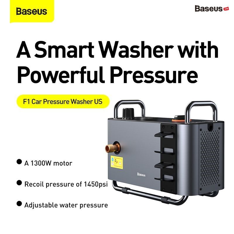 Máy nén tăng áp đa năng Baseus F1 Pressure Car Smart Washer (1300W/1450PSI/IPX5, Automatic Star/Stop, Intelligent Adjust Pressure, Car Washing Machine)