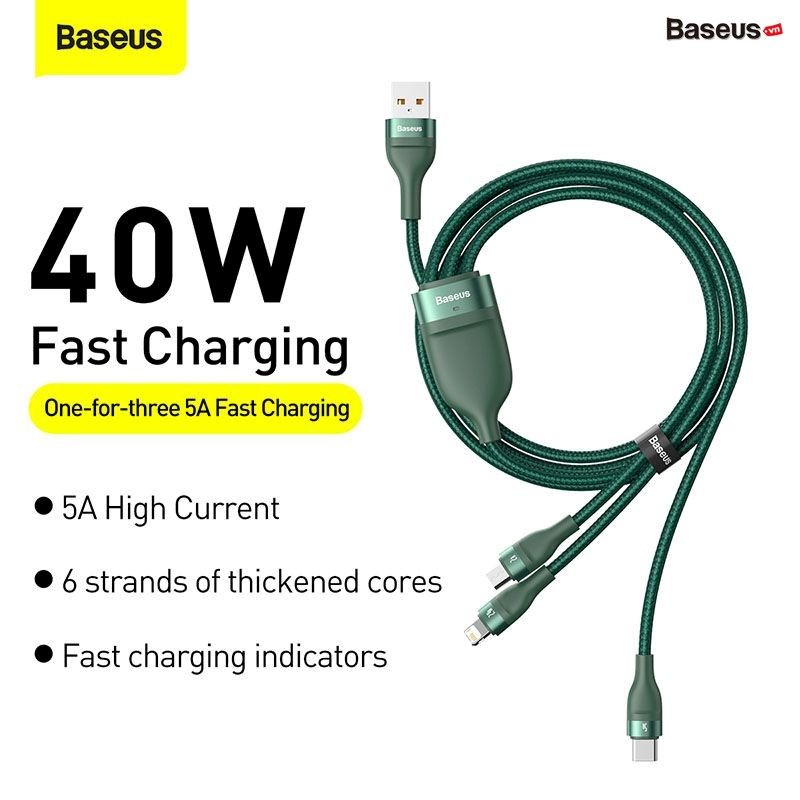 Cáp sạc nhanh 3 đầu Baseus Flash Series 3in1 (USB to Type C/Lightning/Micro, 5A/40W Quick Charging & Data Cable)