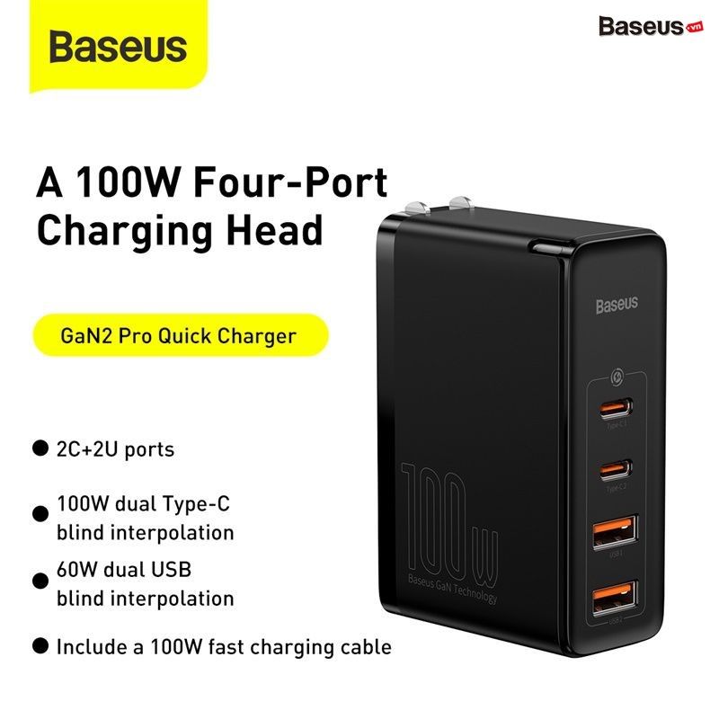Bộ sạc nhanh Baseus GaN2 Pro Quick Charger 4 Ports (100W, Type C*2 & USB*2, PD/QC3.0/QC4+/PPS/SCP/FCP/AFC/Apple 2.4/BC1.2, Multi Quick charge protocol support)