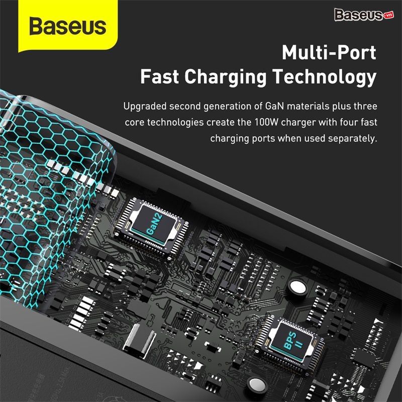 Bộ sạc nhanh Baseus GaN2 Pro Quick Charger 4 Ports (100W, Type C*2 & USB*2, PD/QC3.0/QC4+/PPS/SCP/FCP/AFC/Apple 2.4/BC1.2, Multi Quick charge protocol support)