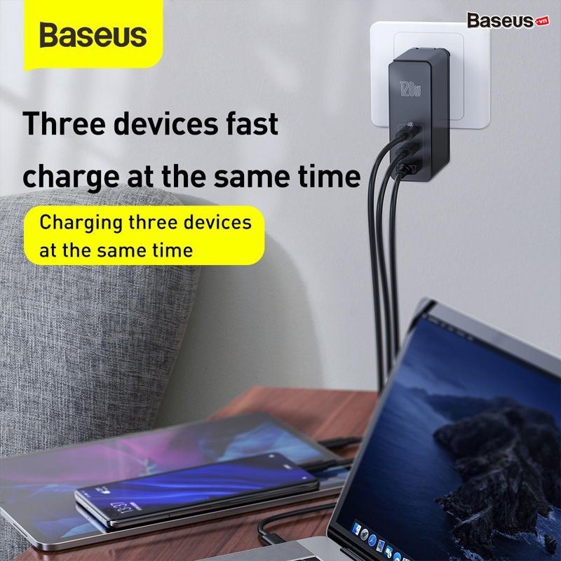 Bộ sạc nhanh đa năng Baseus GaN2 Pro Quick Charger 120W dùng cho Smartphone/ Tablet/ Macbook / Laptop (C+C+A, With C to C Cable, E-mark Chip)