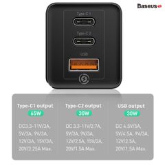 Bộ sạc nhanh đa năng thế hệ mới Baseus GaN Travel Quick Charger 65W cho Smartphone/Tablet/iPad/Macbook/Laptop (Type Cx2 + USB, PD3.0/PPS/QC4.0/SCP/FCP Multi Quick Charge Protocol, GaN Technology)