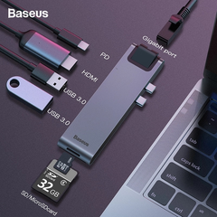 Hub chuyển Baseus Thunderbolt C Pro 7 in 1 Smart Hub cho Macbook Pro 2016/ 2017/ 2018 (Type C to C PD, 2x USB 3.0, HDMI 4K - 60Hz, SD/Micro SD Card Reader, LAN RJ-45 Expansion Smart Dock)