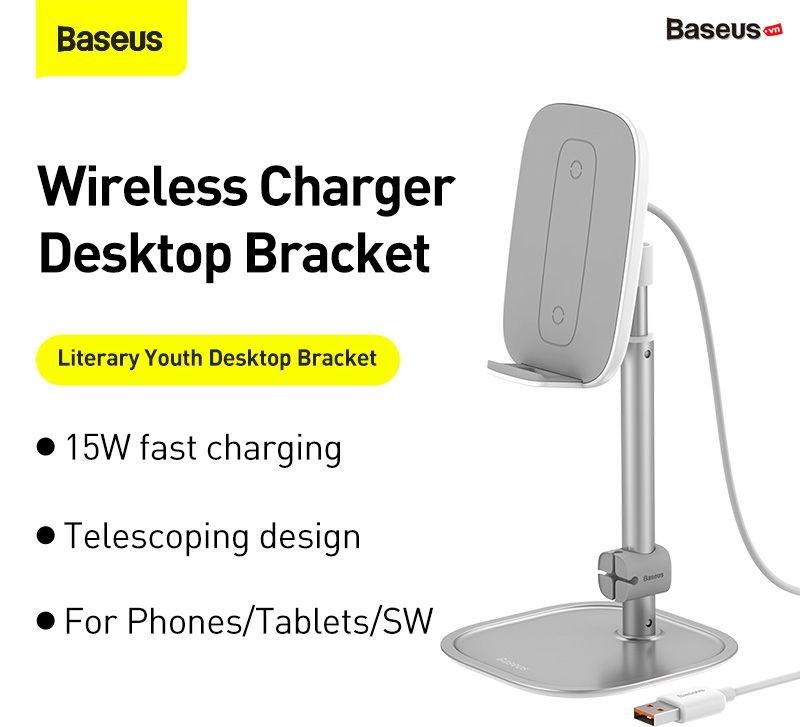 Bộ đế giữ điện thoại/ Tablet để bàn tích hợp sạc nhanh không dây Baseus Literary Youth Desktop Bracket (Telescopic + 15W Wireless Charging)