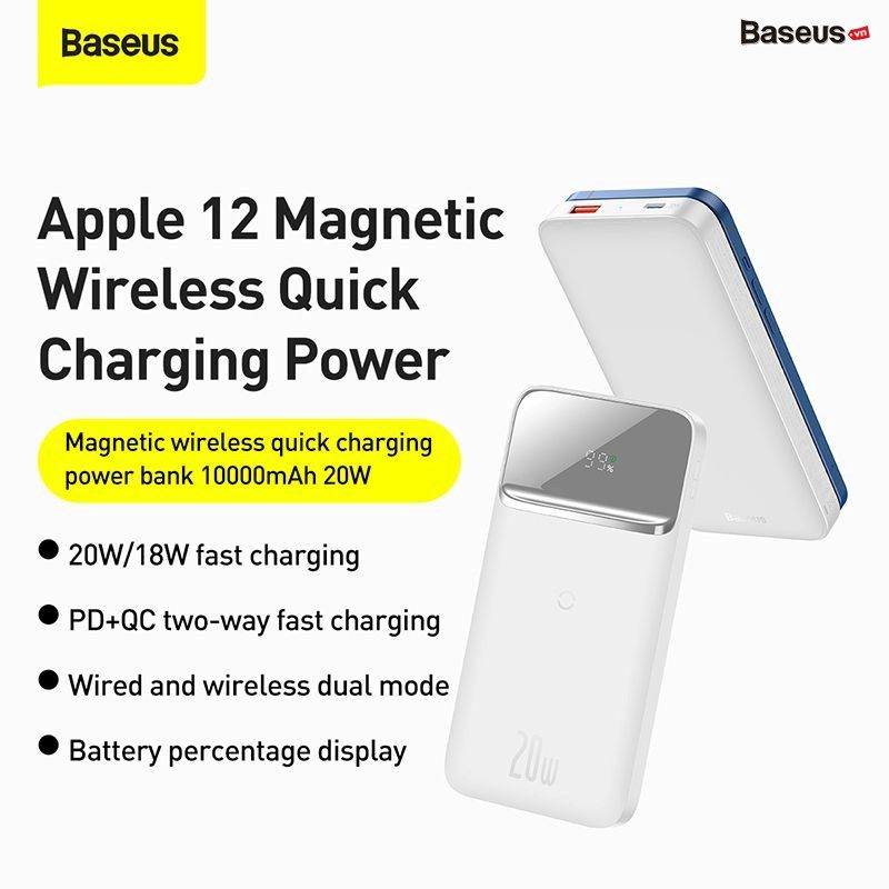 Pin dự phòng sạc nhanh không dây tích hợp nam châm Baseus Magnetic Wireless Quick Charging Power Bank (10000mAh, USB + Type C, QC/PD 20W Quick Charge)