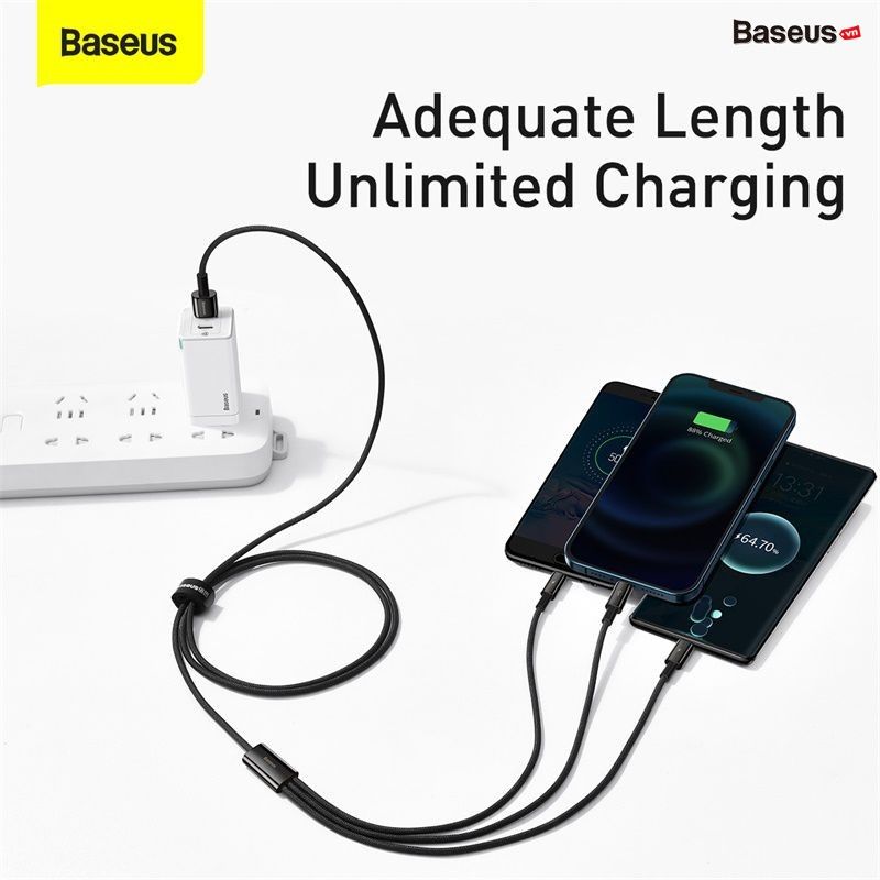 Cáp sạc 3 đầu siêu bền Baseus Tungsten Gold Series 3 in 1 (USB to Type C/Lightning/Micro USB, 3.5A Fast Charging & Data Cable)