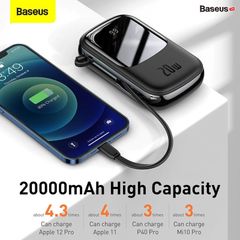 Pin sạc dự phòng sạc nhanh Baseus Qpow Digital Display 20000mAh (20W/22.5W, USB/Type C Dual Port, QC/PD Quick Charging Power Bank with iPhone built-in Cable)