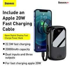 Pin sạc dự phòng sạc nhanh Baseus Qpow Digital Display 20000mAh (20W/22.5W, USB/Type C Dual Port, QC/PD Quick Charging Power Bank with iPhone built-in Cable)