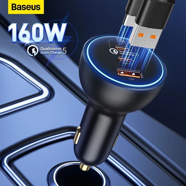 Tẩu Sạc Nhanh Công Suất Cao Baseus Multi Port Car Fast Charger 160W (USB + Dual Type C Port, Tặng Kèm Cáp C to C 100W, Quick Charge™ 5.0)