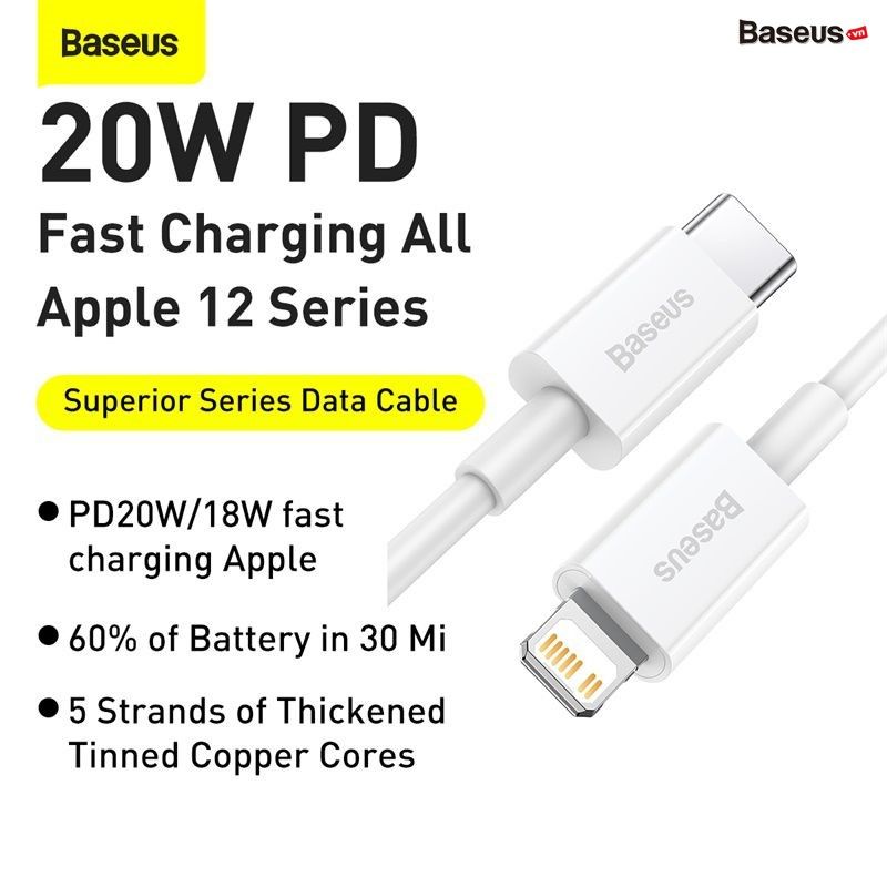 Cáp sạc nhanh siêu bền C to Lightning Baseus Superior Series PD 20W cho iPhone 12/11 Series (Type C to Lightning PD 20W/18W Fast charge & 480Mbps Data, TPE Cable)