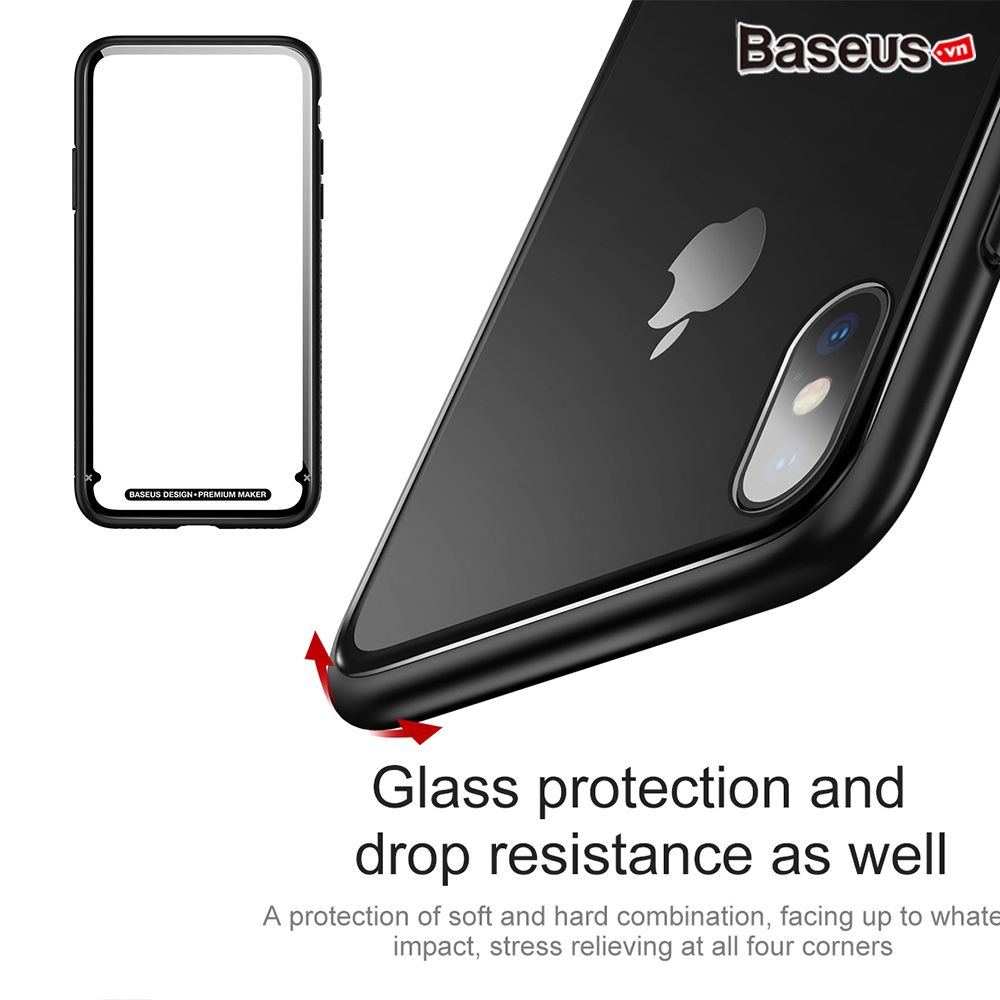 Ốp lưng kính cường lực viền Silicone chống sốc Baseus See-through Glass Case cho iphone X (Tempered Glass + Soft Silicone )