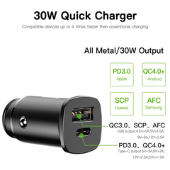 Bộ tẩu sạc nhanh đa năng dùng cho xe hơi Baseus Square Metal Type C + USB PPS Car Charger (30W, PD/ QC 4.0/ SCP/ AFC, Quick Charger )