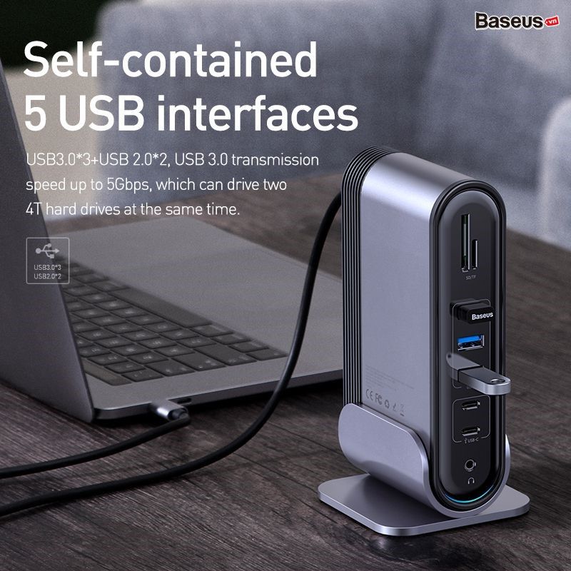 Hub chuyển đa năng Baseus Working Station Three-Screen Multifunctional Type-C HUB Adapter 17 in 1 (Type C*4/HDMI*3/RJ-45 Gigabit/SD, TF Card/USB3.0*3/USB2.0*2/Audio AUX 3.5mm/DC 12V)