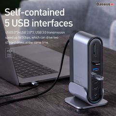 Hub chuyển đa năng Baseus Working Station Three-Screen Multifunctional Type-C HUB Adapter 17 in 1 (Type C*4/HDMI*3/RJ-45 Gigabit/SD, TF Card/USB3.0*3/USB2.0*2/Audio AUX 3.5mm/DC 12V)