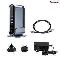 Hub chuyển đa năng Baseus Working Station Three-Screen Multifunctional Type-C HUB Adapter 17 in 1 (Type C*4/HDMI*3/RJ-45 Gigabit/SD, TF Card/USB3.0*3/USB2.0*2/Audio AUX 3.5mm/DC 12V)