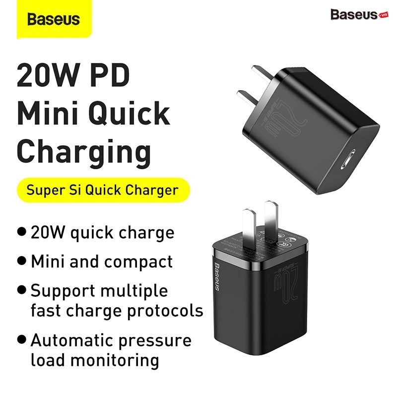 Bộ sạc nhanh, nhỏ gọn Baseus Super Si Quick Charger 20W dùng cho iPhone 12/iP11/XS Max (Type C, 20W/18W, PD/QC3.0 Quick charger)