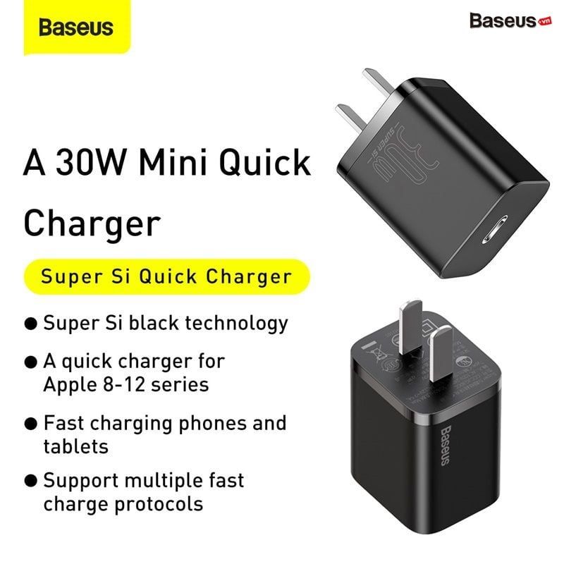 Củ sạc nhanh Baseus Super Si Quick Charger 30W dùng cho iPhone/Samsung/OPPO (30W, Type C, PD/QC3.0 Quick charger)