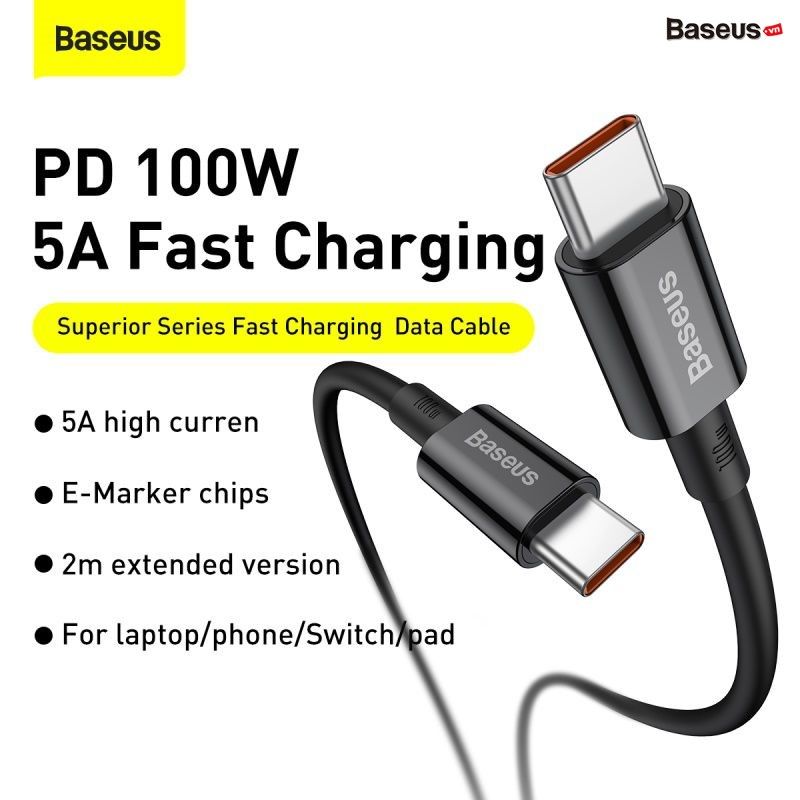 Cáp sạc nhanh Baseus Superior Series Type-C to Type-C PD 100W (5A/20V, E-marker Chip, PD/QC Quick Charging & Data TPE Cable)