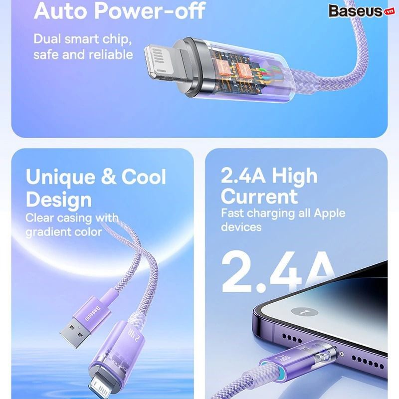 Cáp Sạc Nhanh Tự Ngắt Baseus Explorer Series 2 USB A to Lightning 2.4A dùng cho iPhone/ iPad (Smart Power-Off with Smart Temperature Control,Fast Charging Cable)
