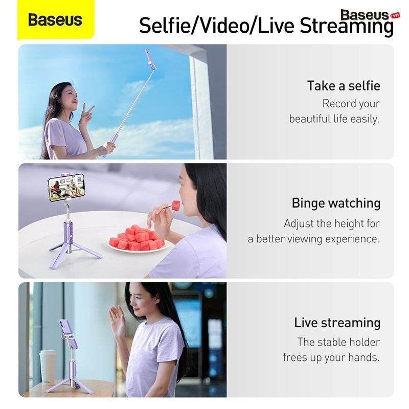 Gậy Selfie Tripod tích hợp Remote chụp hình bluetooth Baseus Traveler Bluetooth Tripod Selfie Stick (3 in1 Selfie/Video/Streaming/ Tripod Stick, 10m Bluetooth Remote Control)
