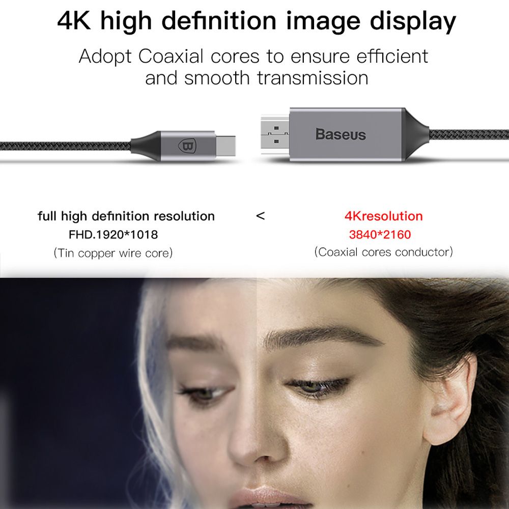 Cáp chuyển USB Type C sang HDMI Baseus hỗ trợ xuất Video 4K - 60Hz từ Smartphone ra TV (1.8 mét)