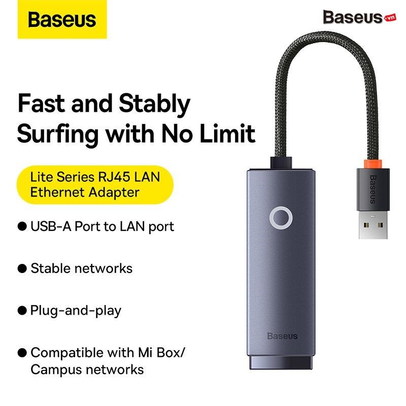 Hub Chuyển Đổi Kết Nối USB/Type C to LAN RJ-45 Baseus Lite Series Ethernet Adapter (100Mbps/1000Mbps, Aluminum Alloy, USB/Type C to LAN Port)