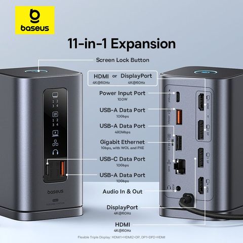 Hub Mở Rộng Kết Nối Đa Năng Baseus Spacemate Series 11-in-1 (WIN) Docking Station Space Grey (Type-C to 2*HDMI 4K@60Hz+2*DP 4K@60Hz+2*USB-A (10Gbps)+1*USB-C (10Gbps)+1*RJ45+1*USB-A (480Mbps)+1*USB-C (PD)+1*3.5mm Audio)