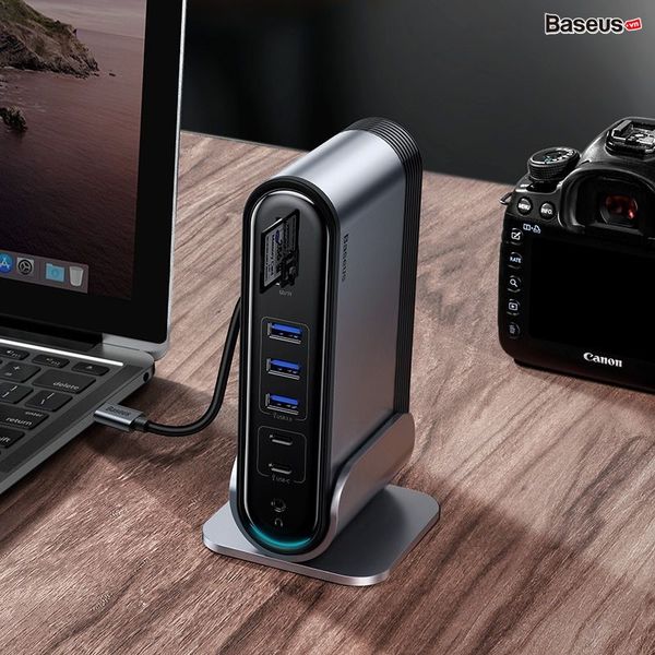 Hub chuyển đa năng Baseus Working Station 16 in 1 Multifunctional (Type C*4 / HDMI / VGA / RJ-45 Gigabit / SD,TF Card / USB3.0*3/ USB2.0*2/ Audio AUX 3.5mm/ DC 12V)