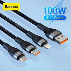 Cáp Sạc 3 Đầu Công Suất Cao 	Baseus Flash Series Ⅱ One-for-three Fast Charging Data Cable (USB to M+L+C 100W 1.2m)