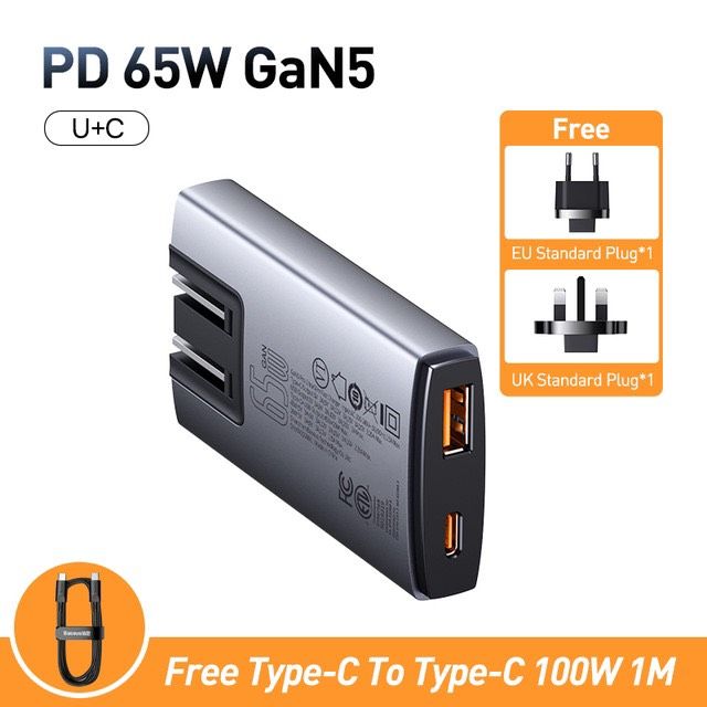 Củ sạc nhanh Baseus GaN5 Pro Ultra-Slim Fast Charger 65W (Combo Củ sạc nhanh Ultra Slim siêu mỏng kèm Cáp sạc 100W, Type C + USB, PD3.0/PPS/QC4.0/SCP/FCP Multi Quick Charge Protocol)