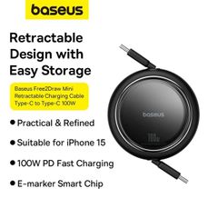 Cáp Sạc Nhanh C to C Rút Gọn Baseus Free2Draw Mini Retractable 100W (cho iPhone 15, Macbook/Laptop, iPad/Smartphone/Tablet Android)