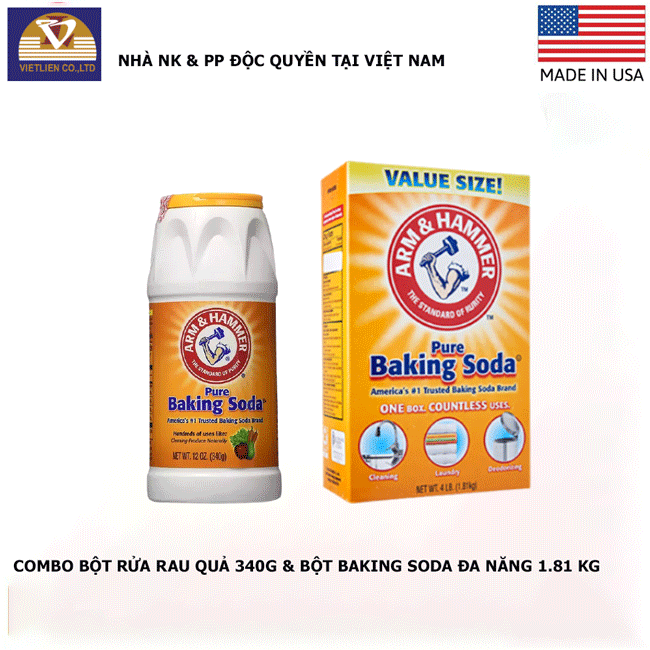 COMBO BỘT RỬA RAU QUẢ ĐA NĂNG BAKING SODA 340G+BỘT ĐA NĂNG BAKING SODA 1.81KG