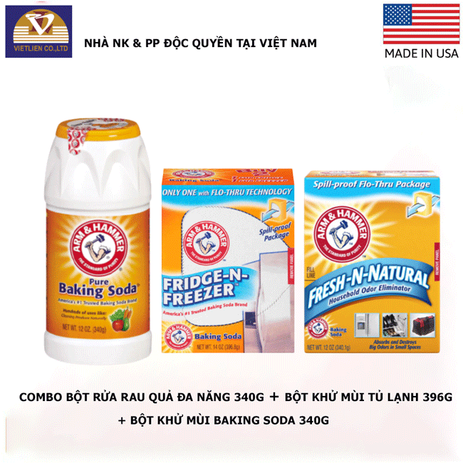COMBO BỘT RỬA RAU QUẢ ĐA NĂNG BAKING SODA 340G + BỘT KHỬ MÙI BAKING SODA 340G + BỘT KHỬ MÙI TỦ LẠNH BAKING SODA 396G