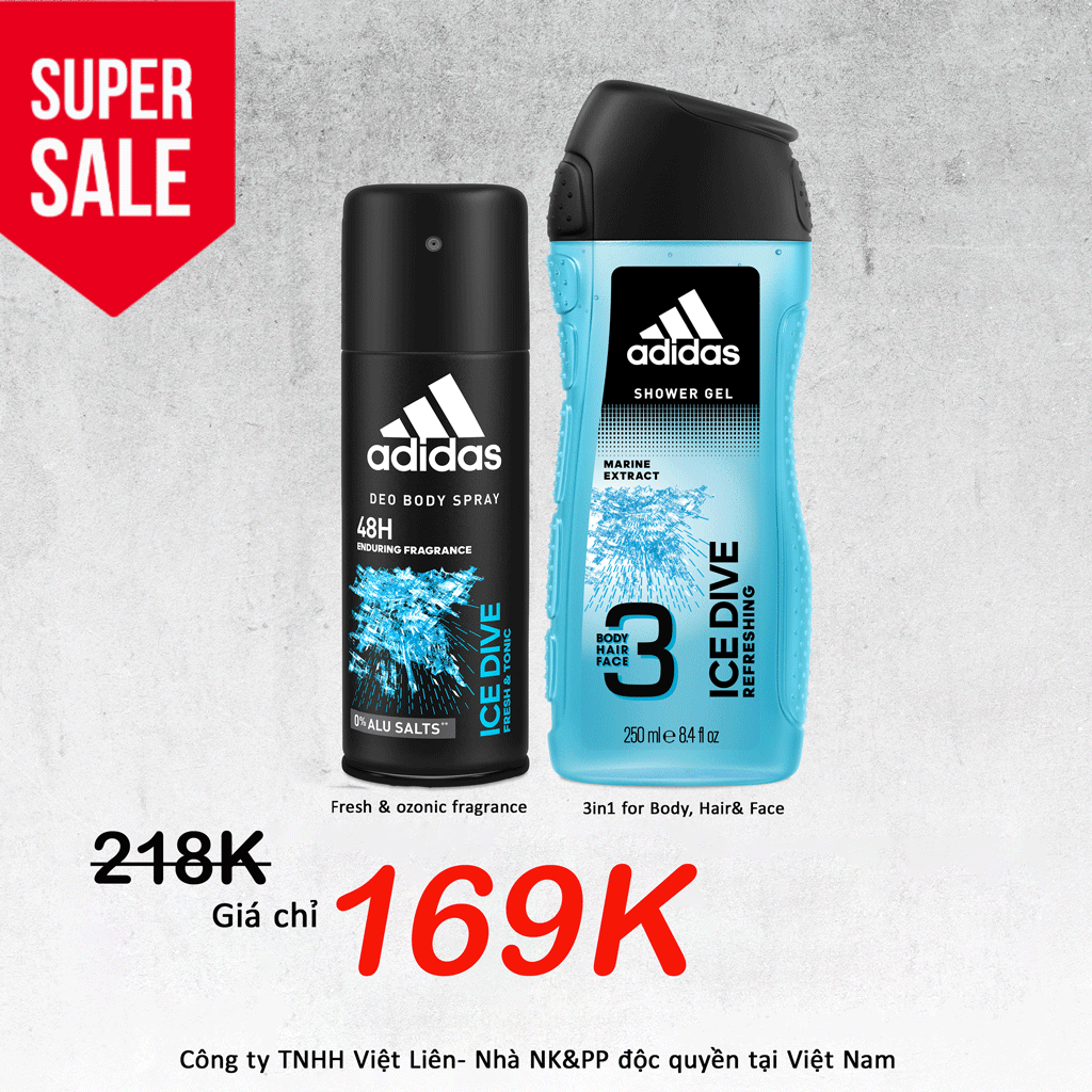 COMBO Xịt khử mùi toàn thân + Sữa tắm gội toàn thân Nam Adidas Ice Dive