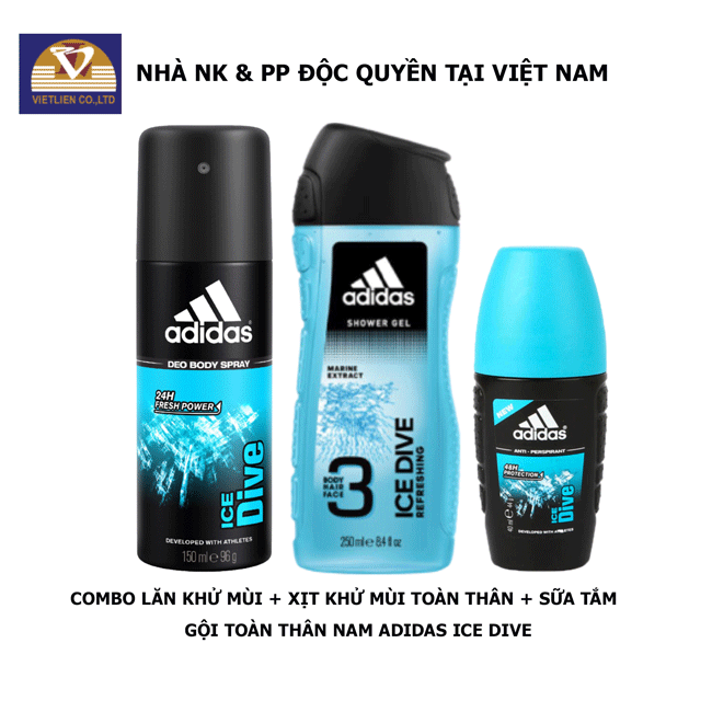 COMBO Lăn khử mùi + Xịt khử mùi toàn thân + Sữa tắm gội toàn thân Nam Adidas Ice Dive
