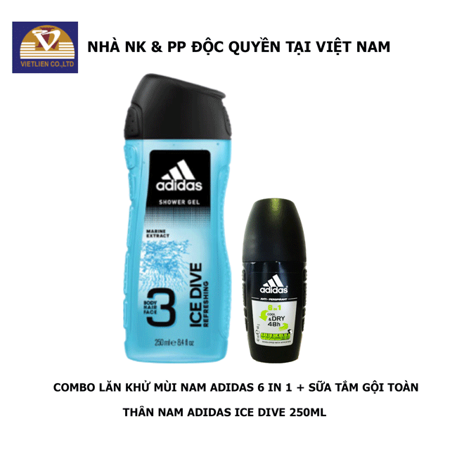 COMBO Lăn Khử Mùi Nam Ngăn Mồ Hôi Adidas 6 in 1 40ml + Sữa Tắm Gội Toàn Thân Nam Adidas Ice Dive 250ml
