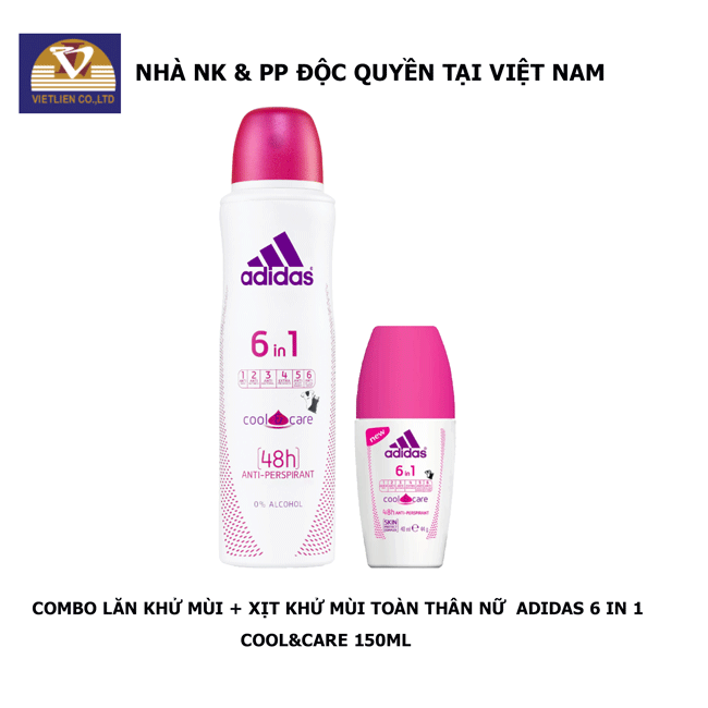  COMBO Lăn khử mùi + Xịt Khử Mùi Toàn Thân Nữ Adidas 6 in 1 Cool & Care 