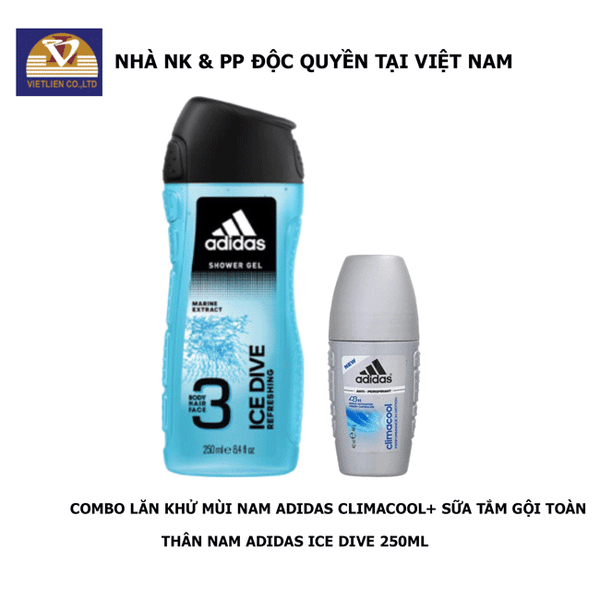  COMBO Lăn Khử Mùi Nam Ngăn Mồ Hôi Adidas Climacool 40ml + Sữa Tắm Gội Toàn Thân Nam Adidas Ice Dive 250ml 